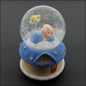 스노볼 회전 오르골(뮤직박스)-파란 집과 잠자는 아기 돼지