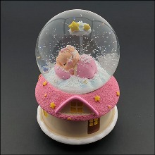 스노볼 회전 오르골(뮤직박스)-분홍 집과 잠자는 아기 돼지
